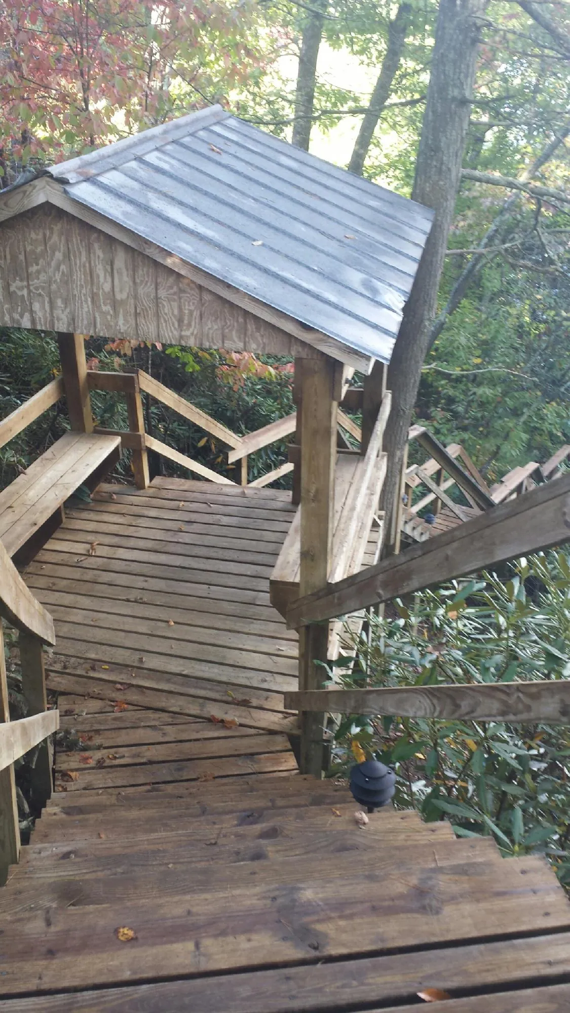 Metal roofed shelter over wooden steps on a wooded walkway — Skylight Repair & Installation work by our crew in Binghamton